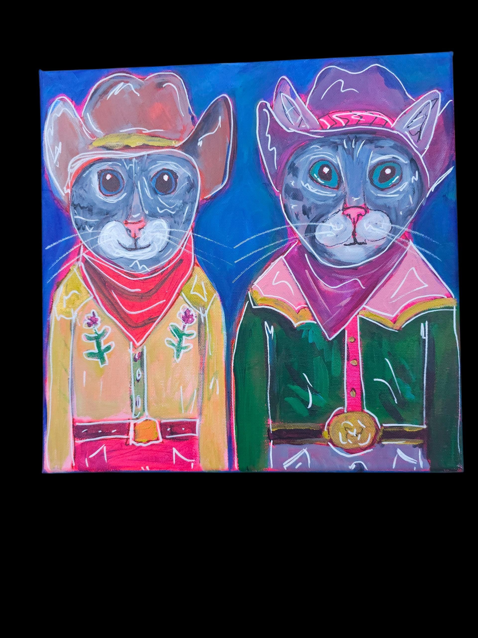 Cowboy Cat Painting: Whimsical Acrylic Art, 12x12 Original Canvas Meowdy couple bold colors