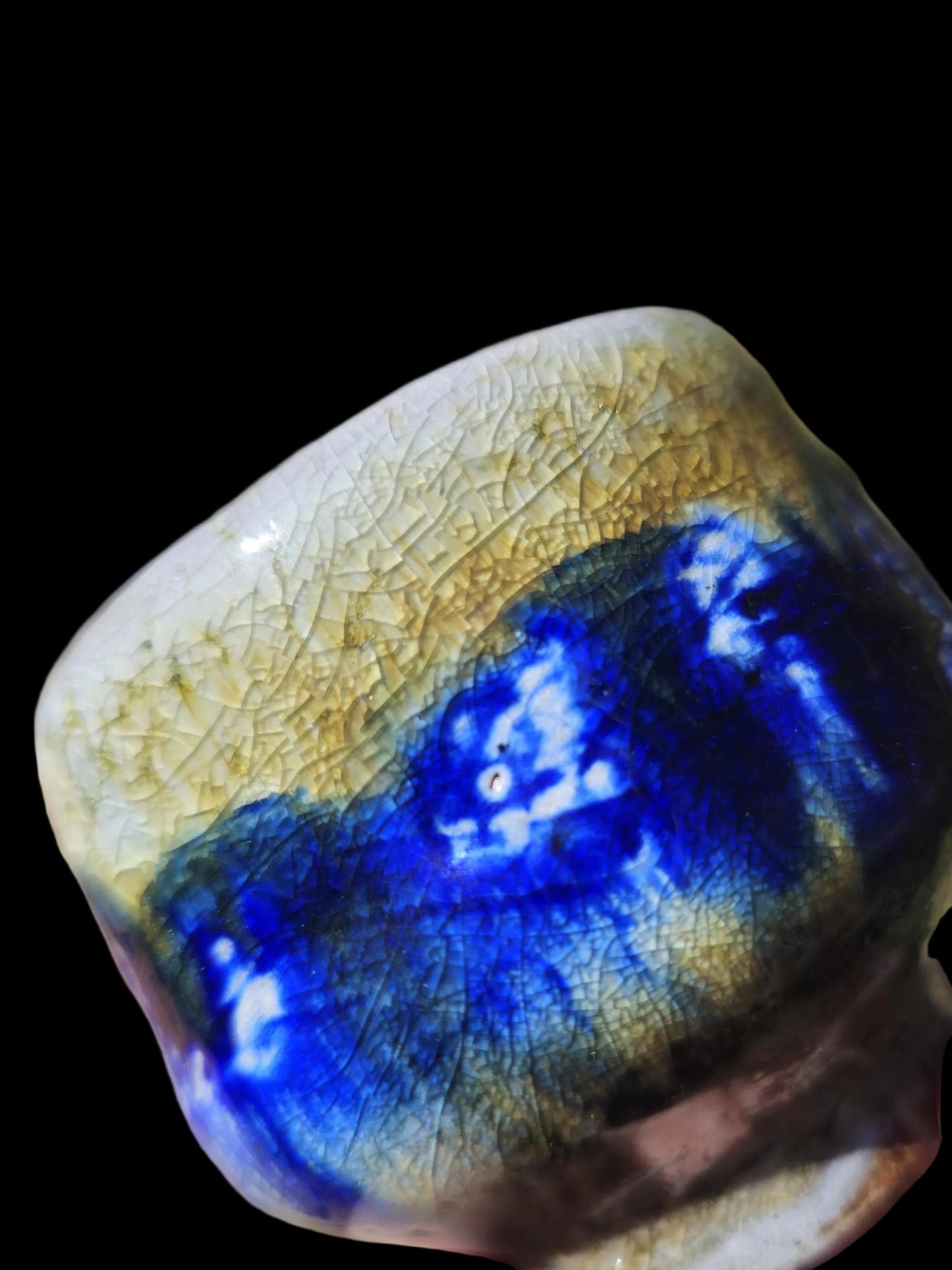 Handmade Soda Fired Shino Cup: Guinomi sake shino Ceramic Pottery Cobalt porcelain slip