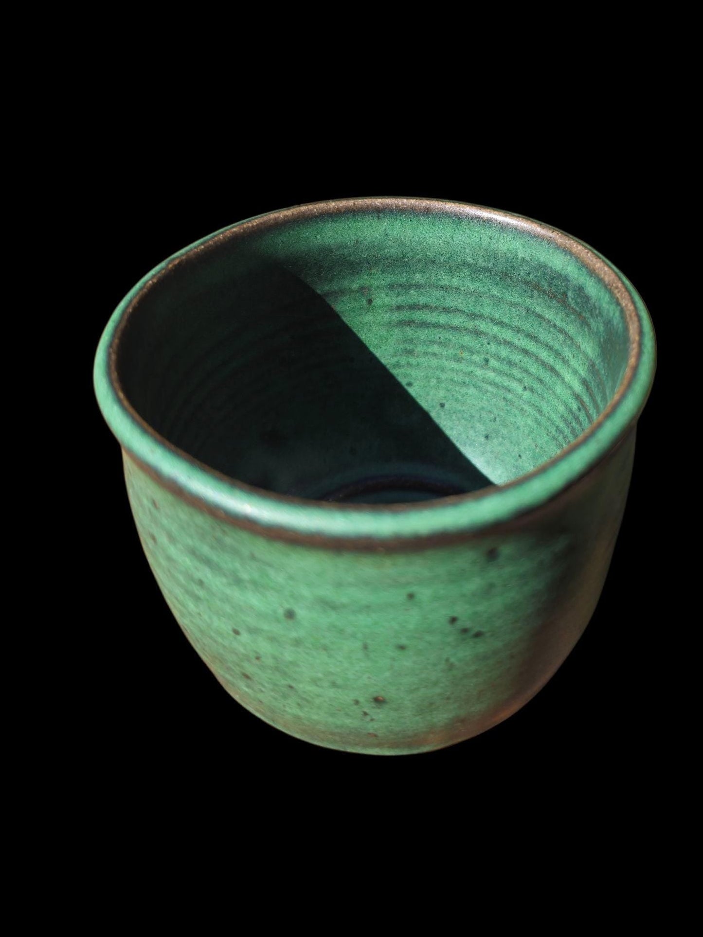 Reitz Green Gas Fired Glazed Ceramic Cup: Handmade Pottery, yunomi footed stoneware