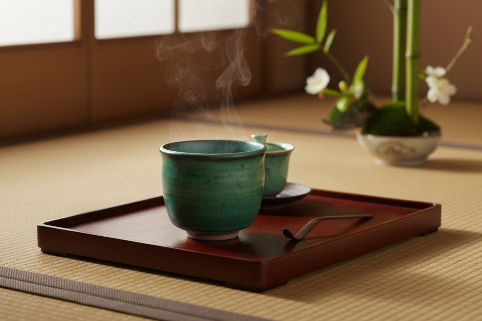 Reitz Green Gas Fired Glazed Ceramic Cup: Handmade Pottery, yunomi footed stoneware