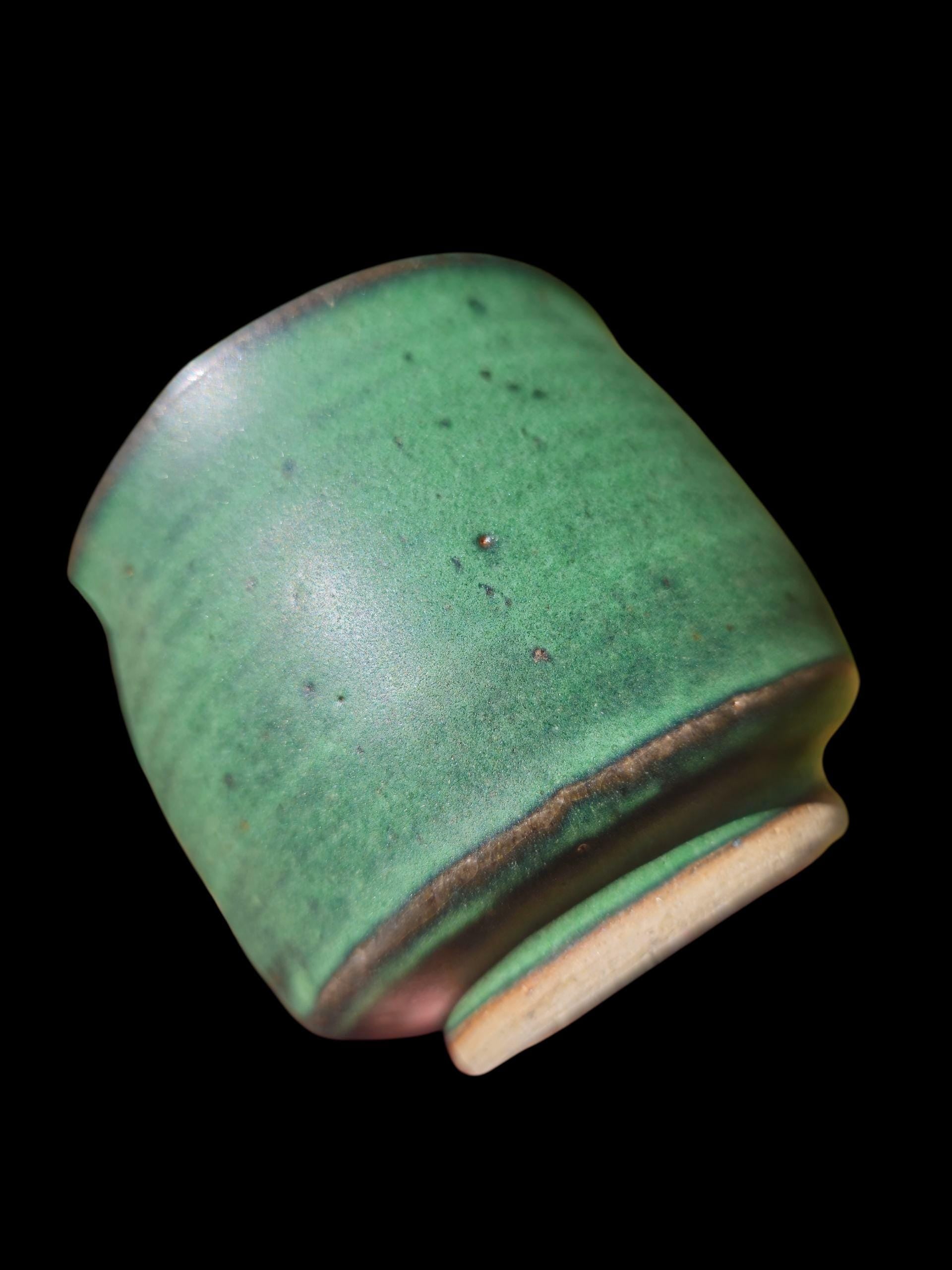 Reitz Green Gas Fired Glazed Ceramic Cup: Handmade Pottery, yunomi footed stoneware