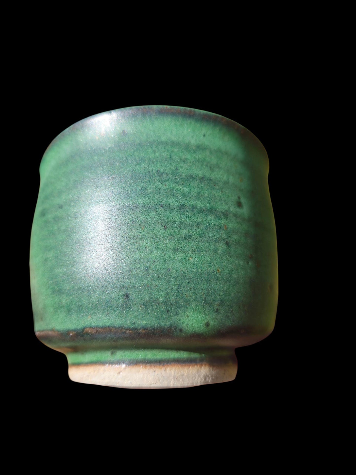 Reitz Green Gas Fired Glazed Ceramic Cup: Handmade Pottery, yunomi footed stoneware