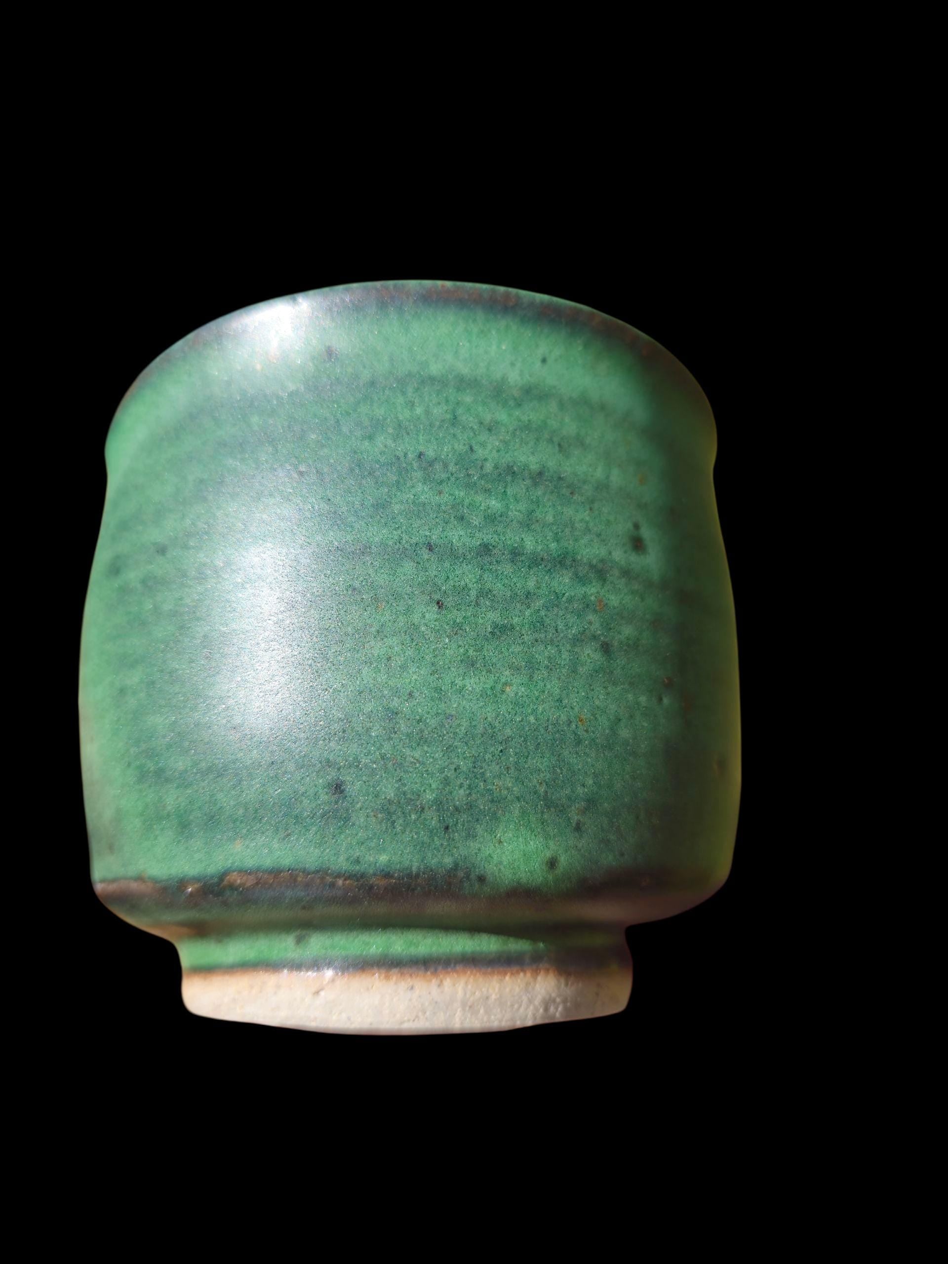 Reitz Green Gas Fired Glazed Ceramic Cup: Handmade Pottery, yunomi footed stoneware