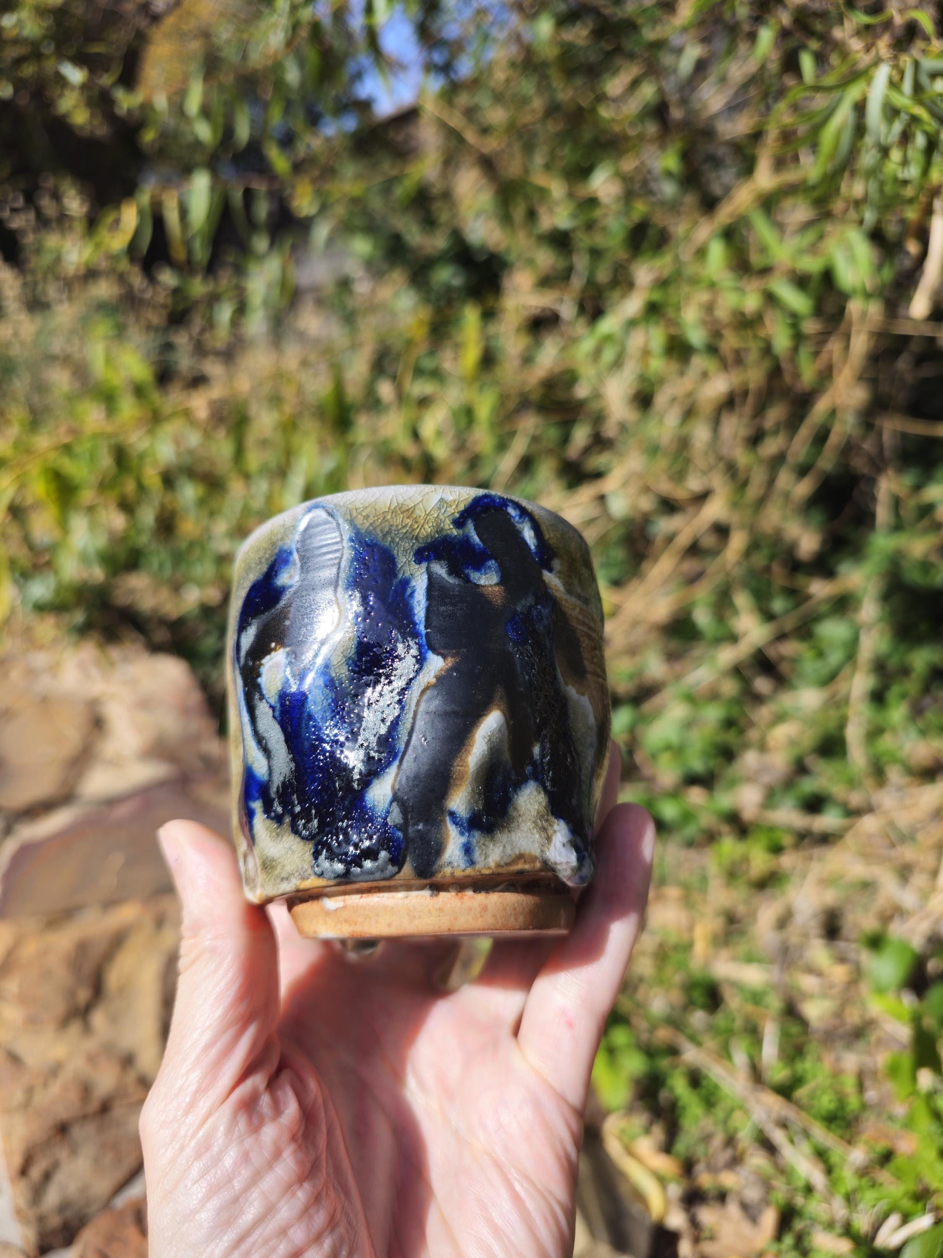 Handmade Soda Fired Ceramic Cup: Cobalt Shino Glaze, 5-6 oz Pottery