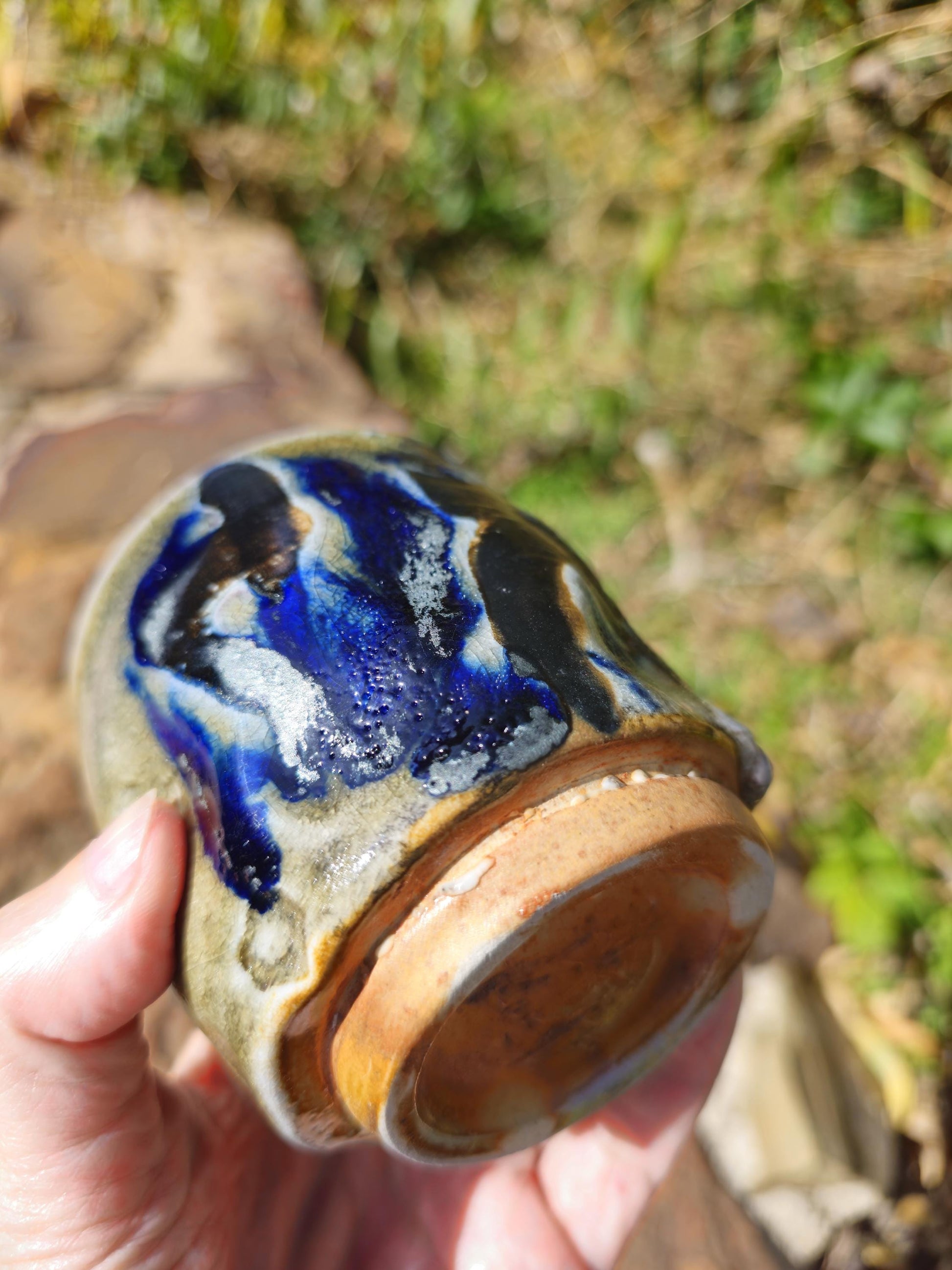 Handmade Soda Fired Ceramic Cup: Cobalt Shino Glaze, 5-6 oz Pottery