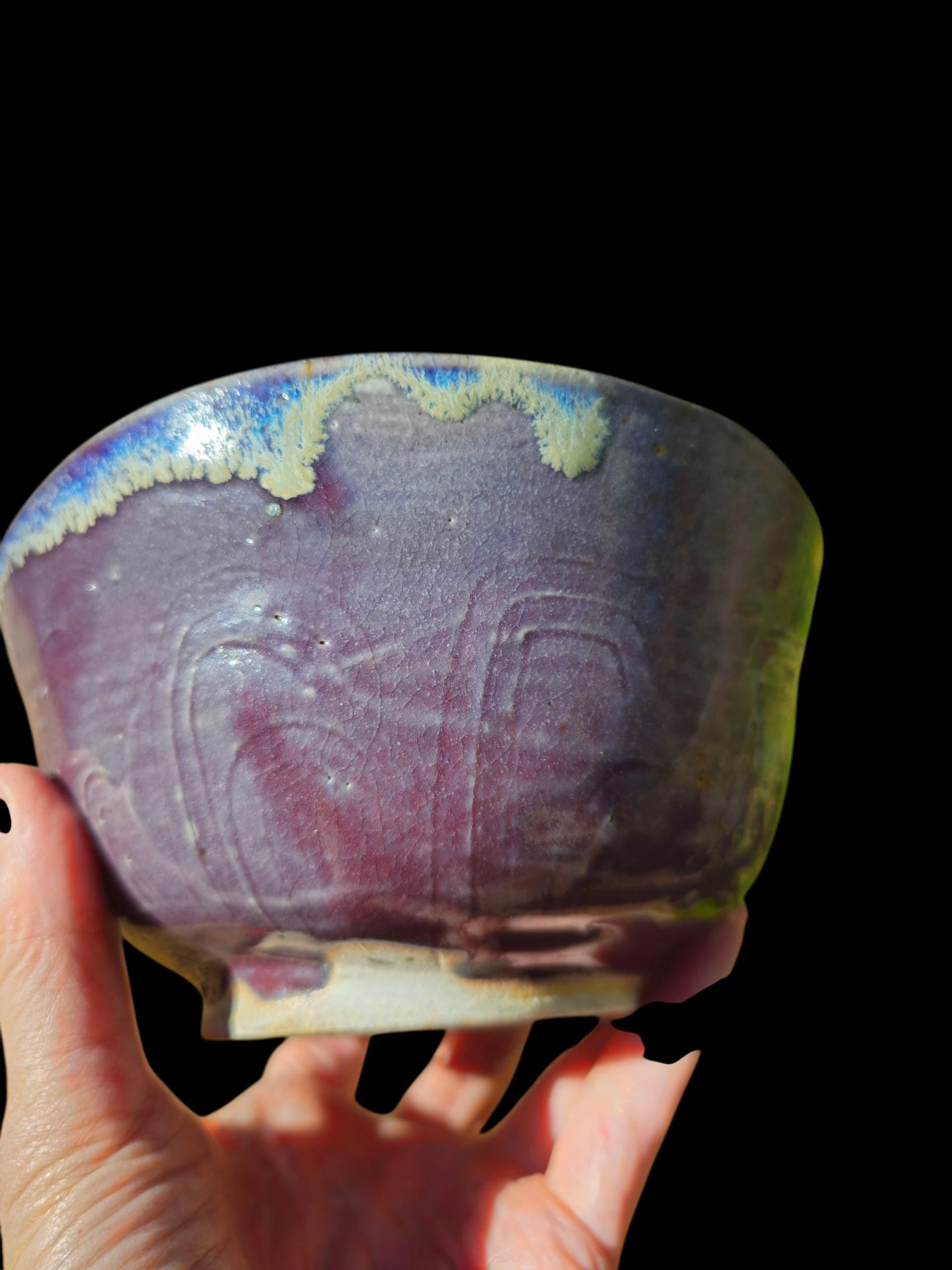 Handmade Carved Purple Wave Bowl: Porcelain Slip Glaze, Ceramic Serving Bowl, Art Pottery (6")