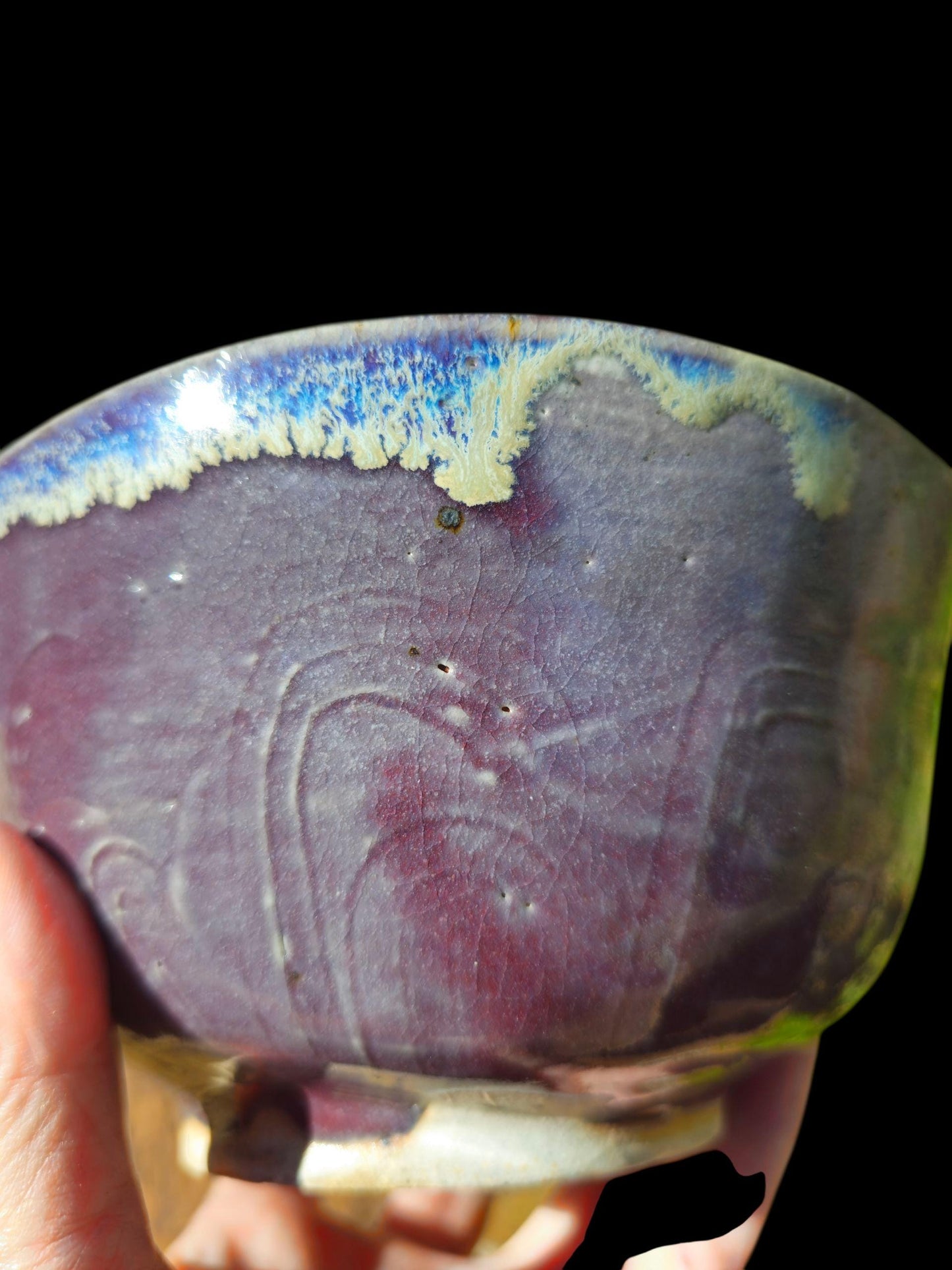 Handmade Carved Purple Wave Bowl: Porcelain Slip Glaze, Ceramic Serving Bowl, Art Pottery (6")