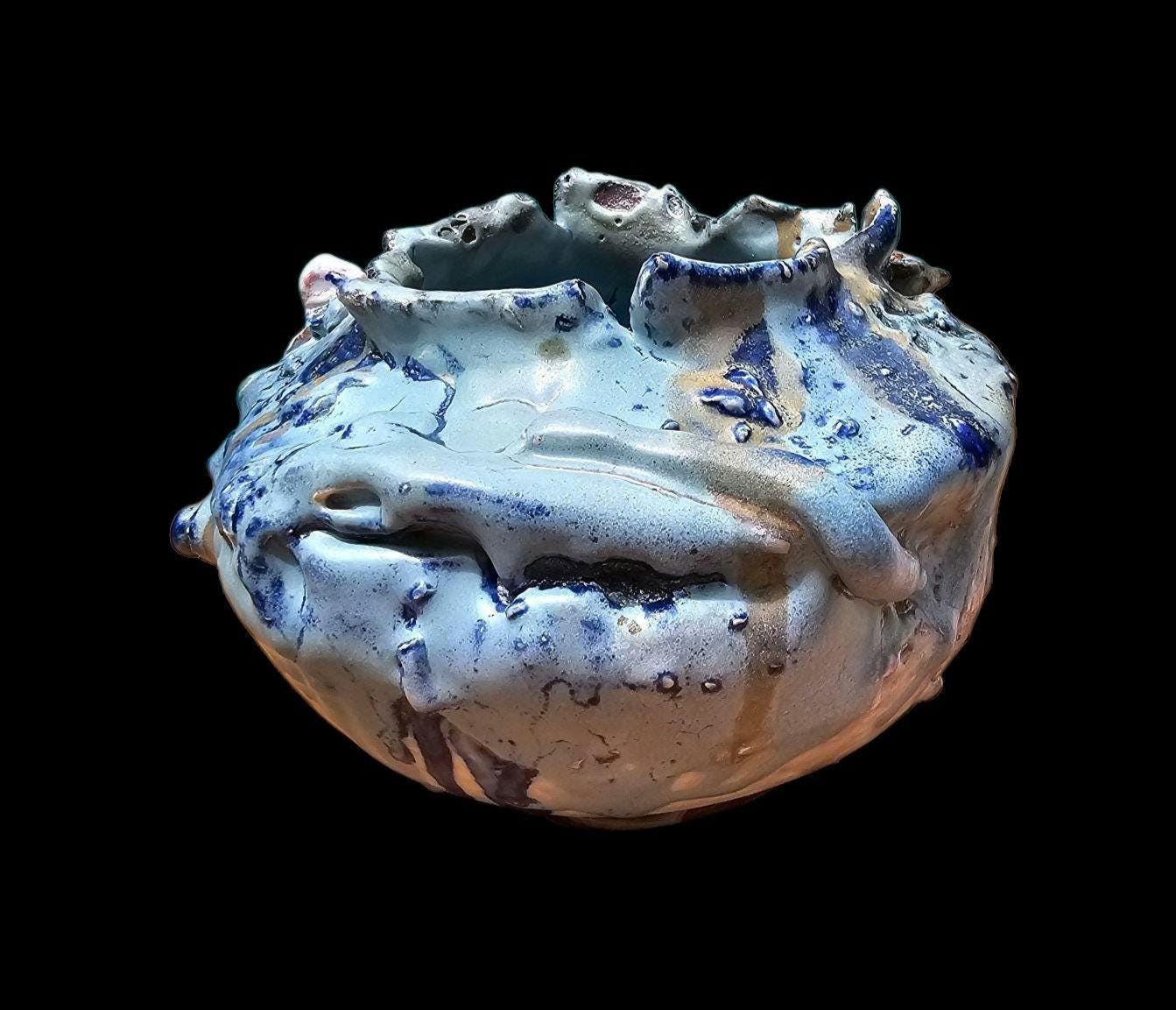 Textured Soda Fired Pottery Sculpture: Blue White Ceramic Vase, Signed
