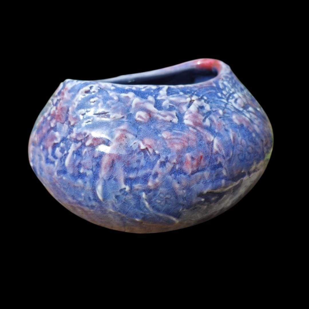 Handmade Ceramic rounded Sculptural bowl vessel: Blue Pottery Art, Pacific Edge Collection
