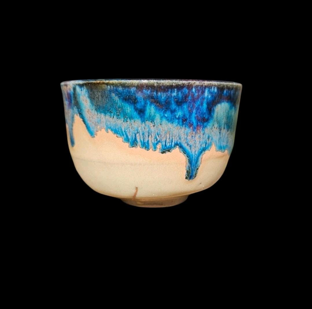 Handmade Small Stoneware Chawan Tea Bowl Sipper Footed Ceramic Art Drippy Blue