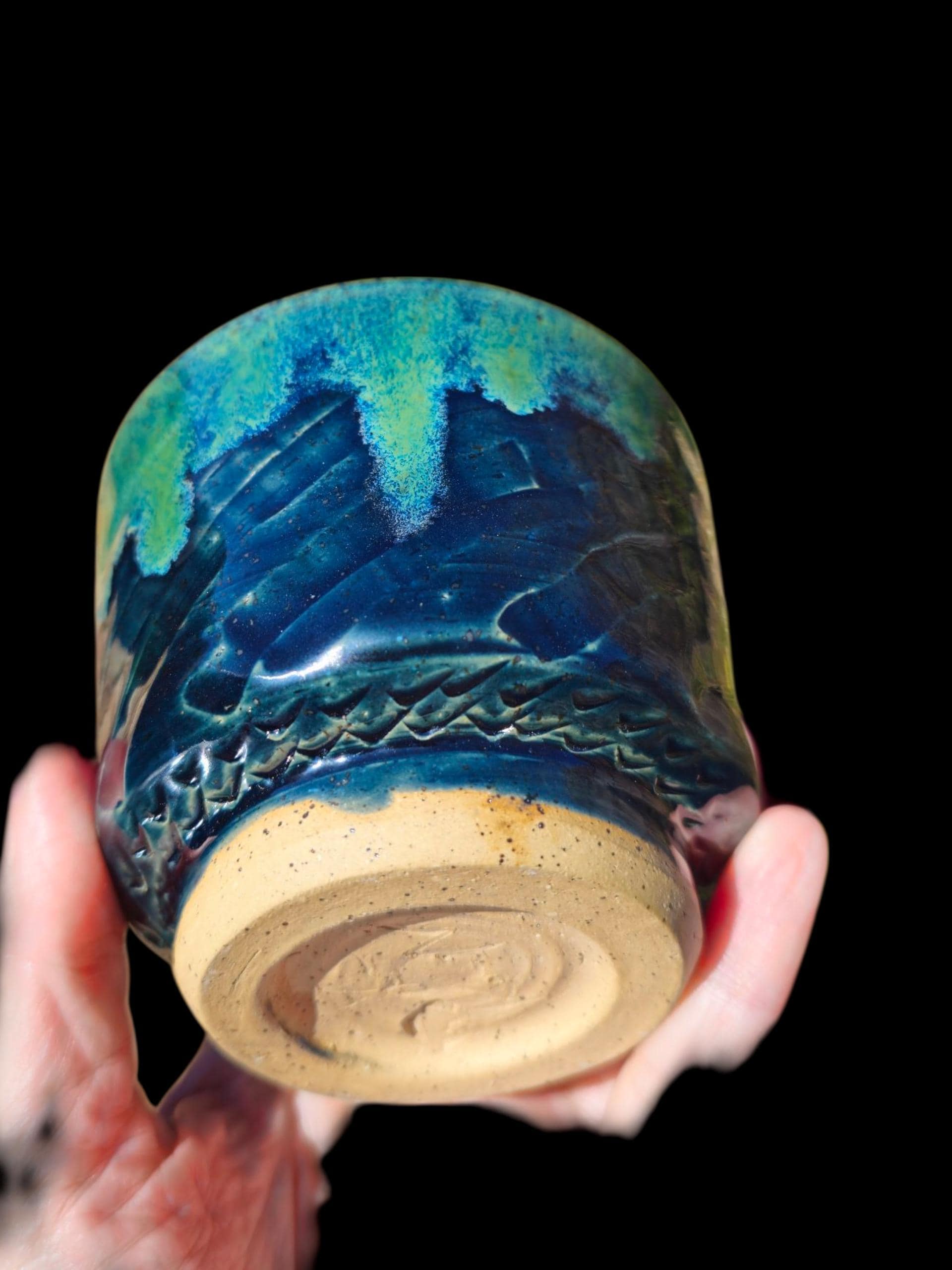 Jungle Green Glazed Ceramic yunomi footed Cup: Handmade Pottery, stoneware 10 ounces