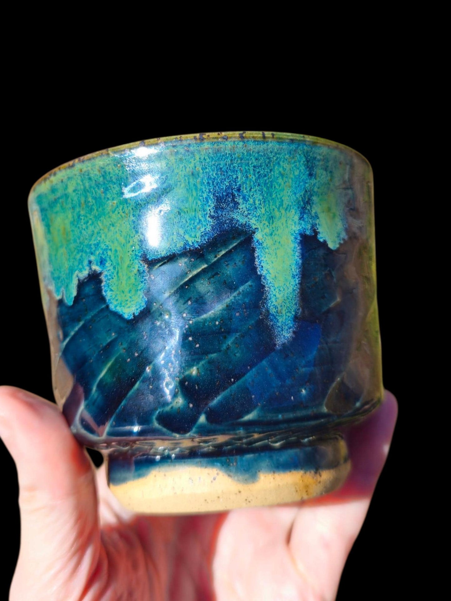 Jungle Green Glazed Ceramic yunomi footed Cup: Handmade Pottery, stoneware 10 ounces