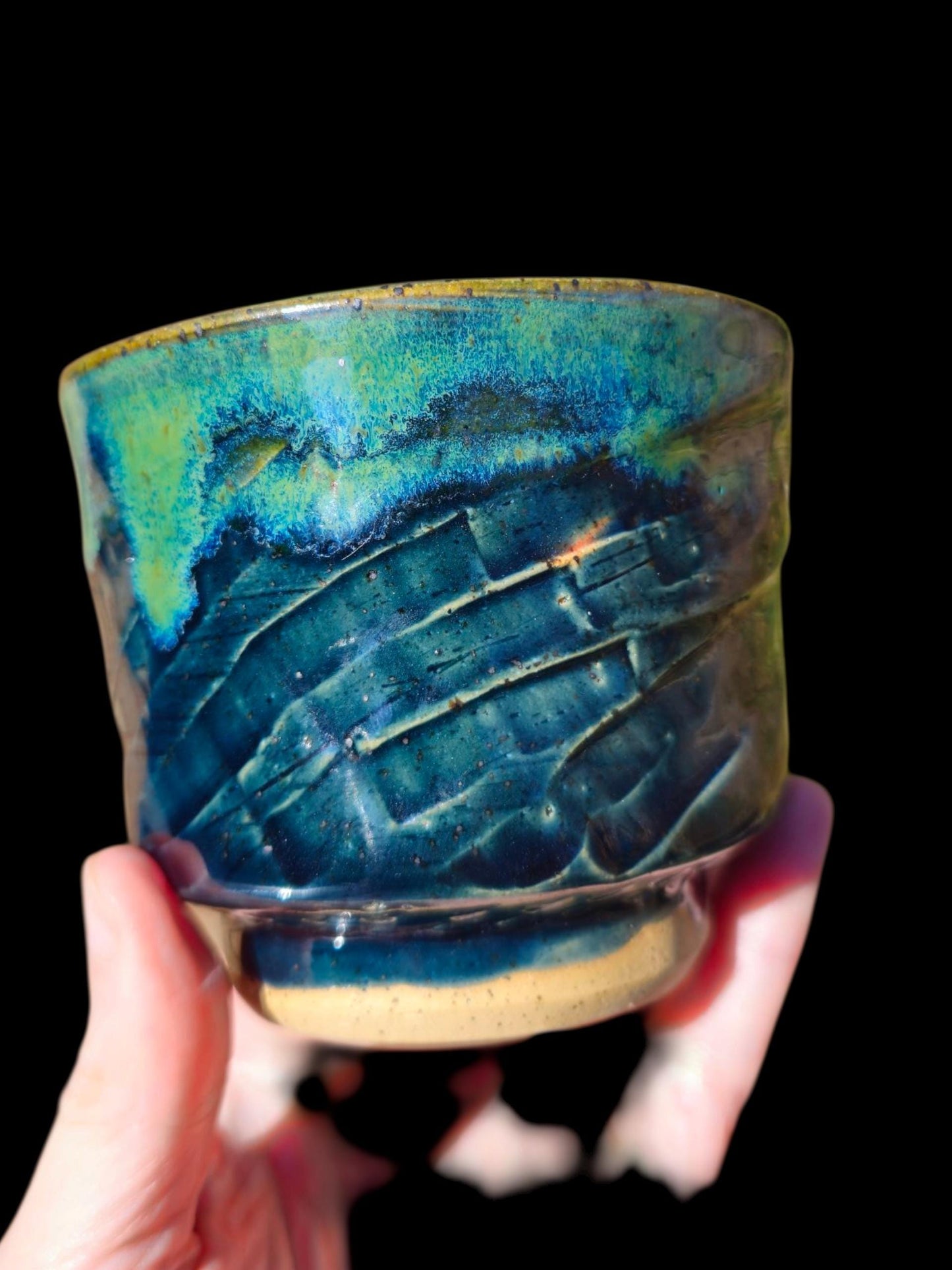 Jungle Green Glazed Ceramic yunomi footed Cup: Handmade Pottery, stoneware 10 ounces