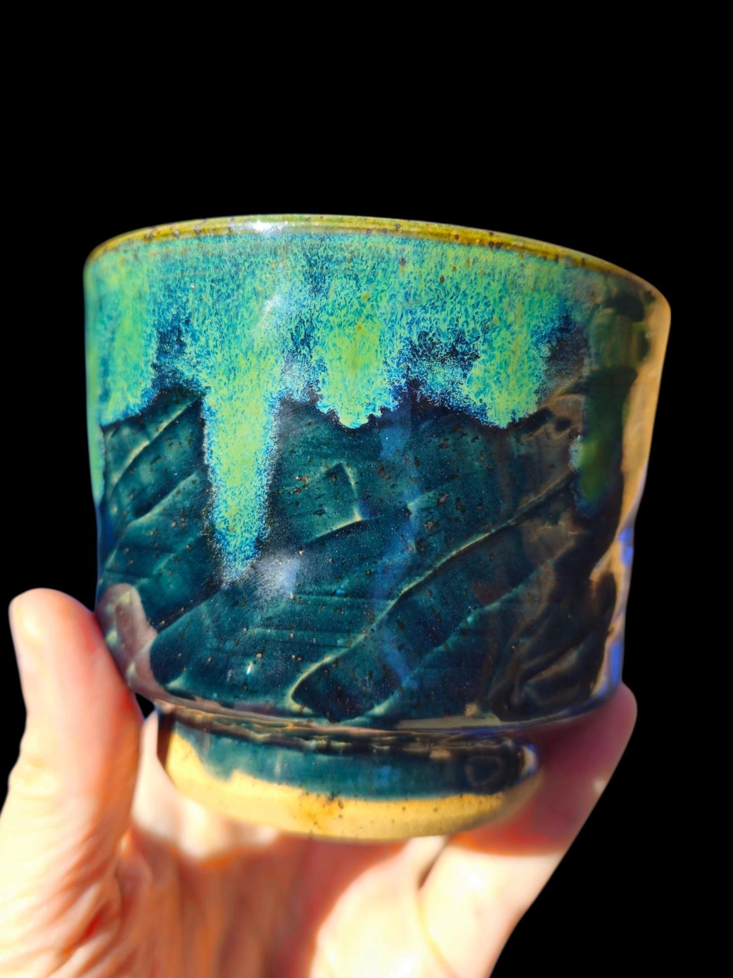 Jungle Green Glazed Ceramic yunomi footed Cup: Handmade Pottery, stoneware 10 ounces