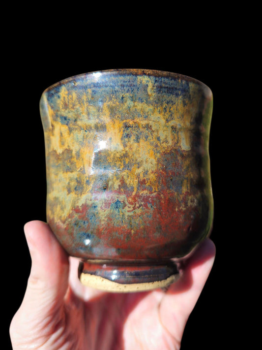 Born in Fire Glazed Ceramic yunomi footed Cup: Handmade Pottery, stoneware 8 ounces