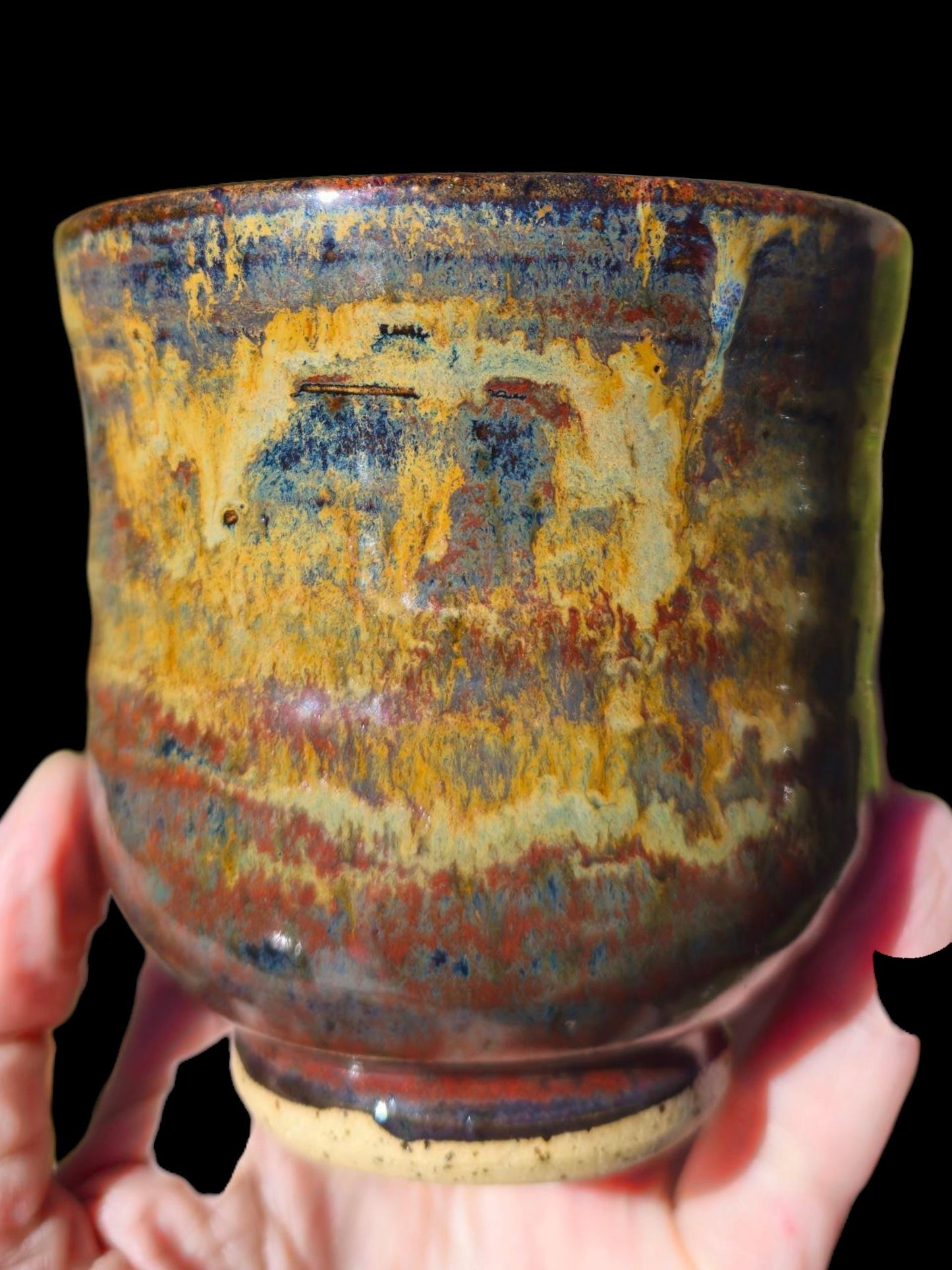 Born in Fire Glazed Ceramic yunomi footed Cup: Handmade Pottery, stoneware 8 ounces