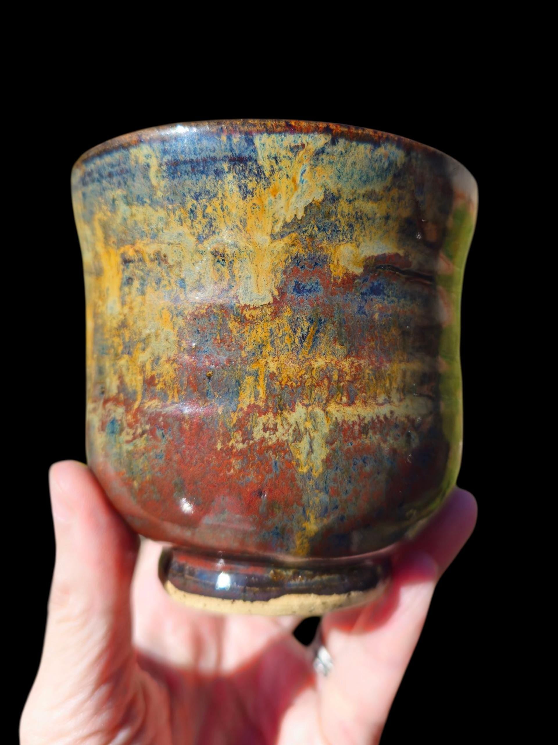 Born in Fire Glazed Ceramic yunomi footed Cup: Handmade Pottery, stoneware 8 ounces