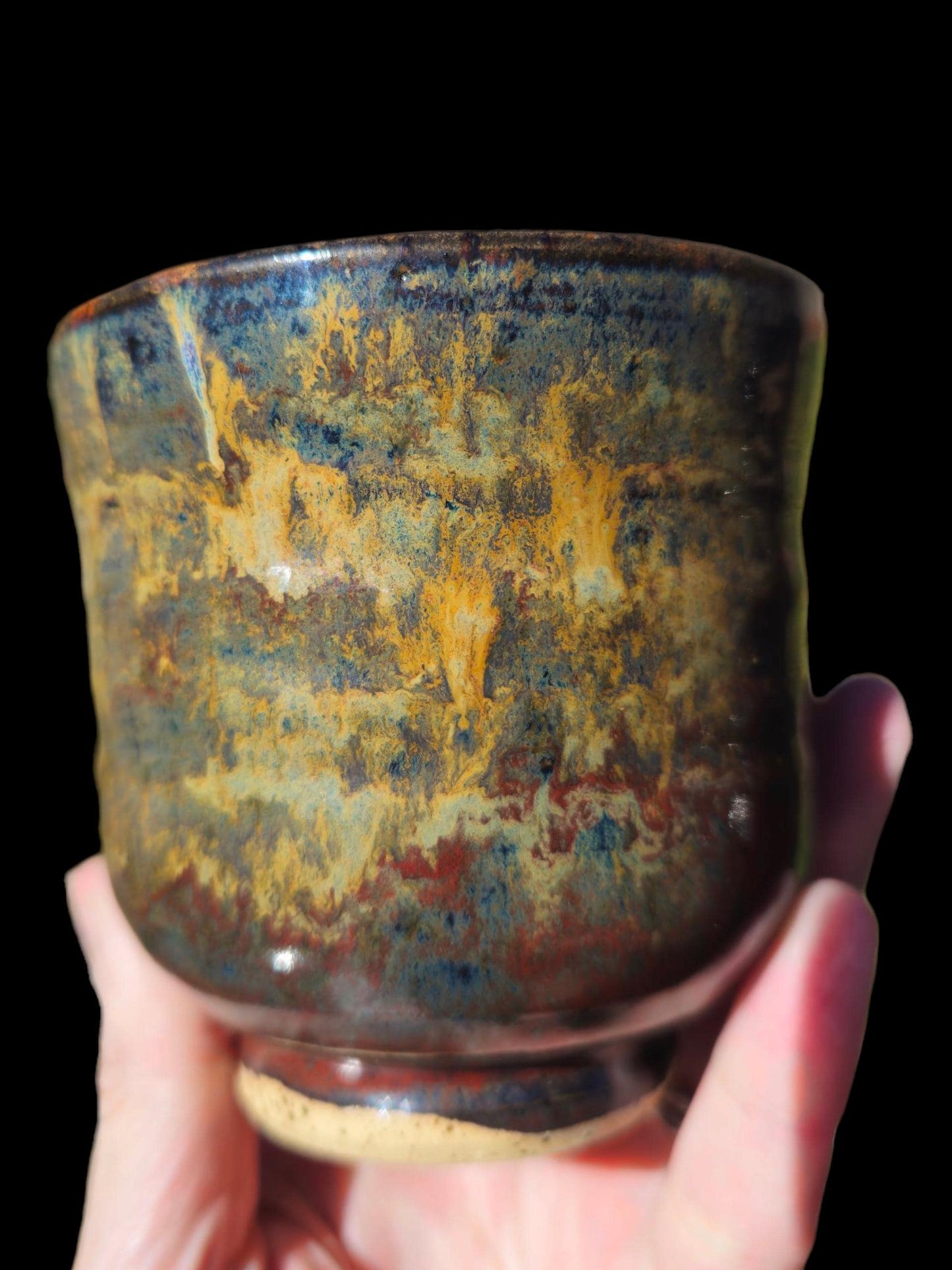 Born in Fire Glazed Ceramic yunomi footed Cup: Handmade Pottery, stoneware 8 ounces