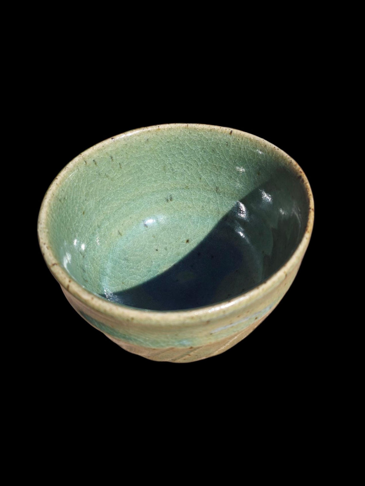 Handmade Footed Chawan Tea Bowl – Iron Green Celadon Crackle, Carved Stoneware, Japanese-Inspired