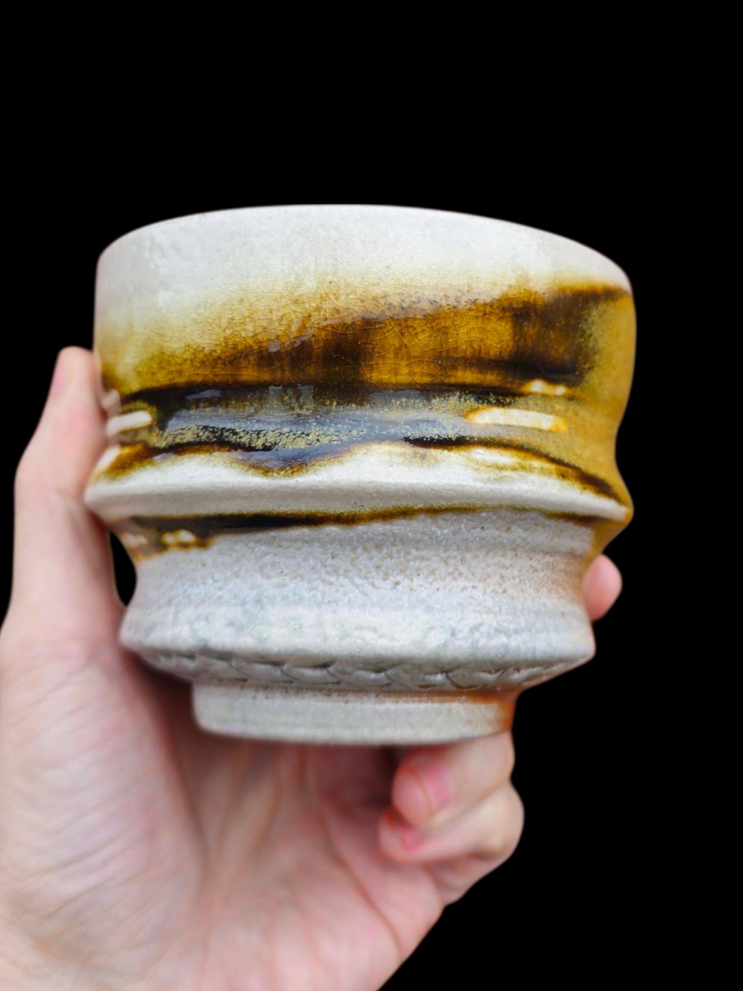 Handmade Chawan Tea Bowl – soda fired stamped Stoneware, Japanese-Inspired 4 x 3" matcha bowl