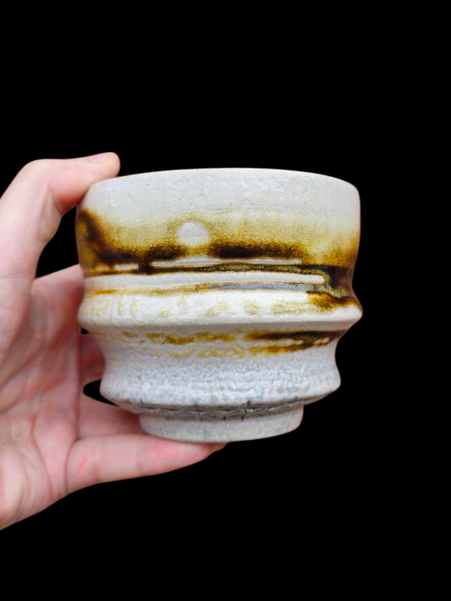Handmade Chawan Tea Bowl – soda fired stamped Stoneware, Japanese-Inspired 4 x 3" matcha bowl