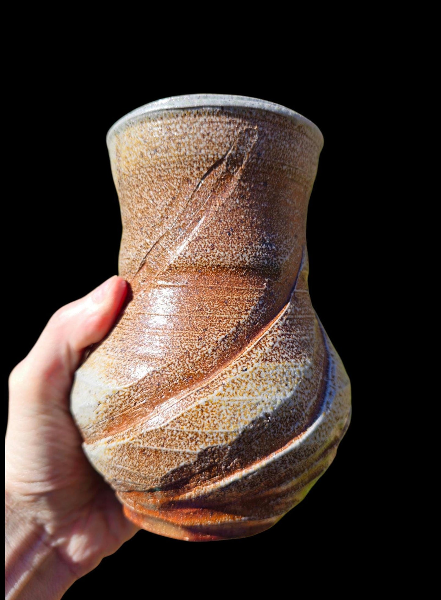 Handmade soda fired Sculptural vase 6" Ceramic: Nature inspired carved spiral Rustic