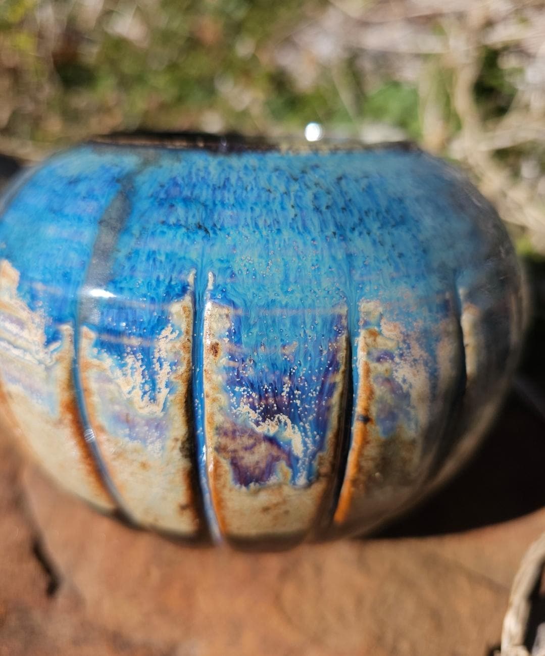 Handcrafted Fluted Ceramic Vase – Blue Gradient Glaze, Signed Art Vessel