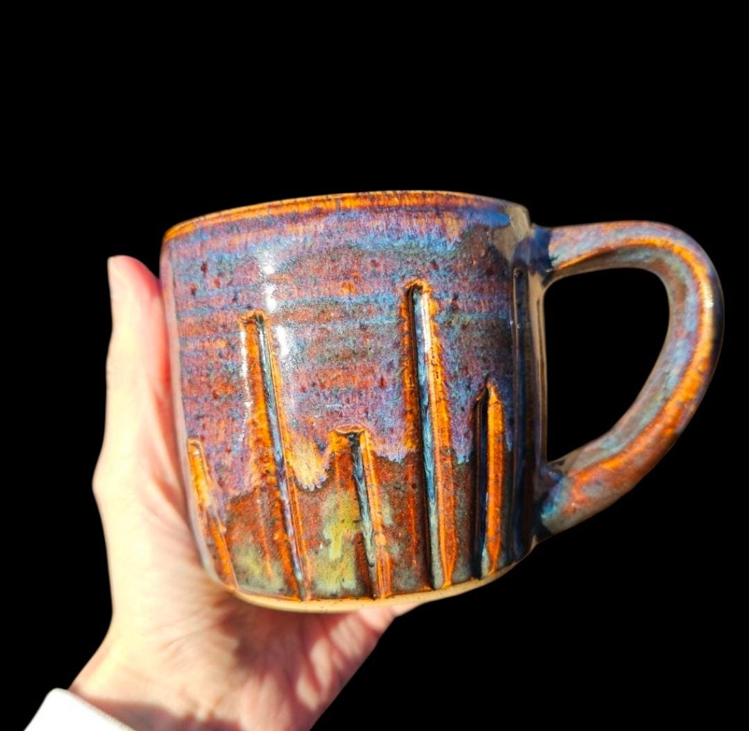 Handmade Sunset Cascade Mug • Carved Stoneware Coffee Cup