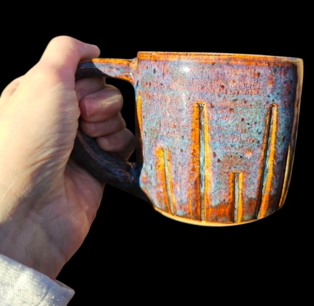 Handmade Sunset Cascade Mug • Carved Stoneware Coffee Cup