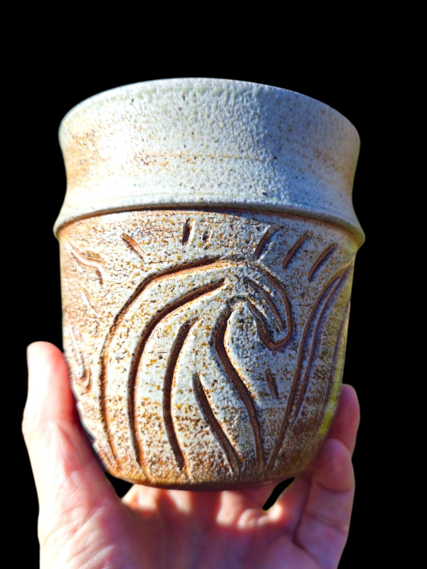 Soda-Fired Stoneware Vase • Hand-Carved Waves, Sculptural Ceramic Art