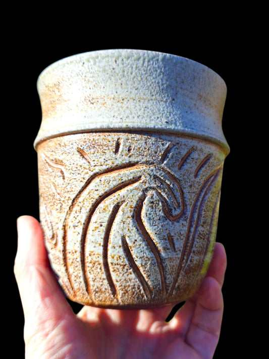 Soda-Fired Stoneware Vase • Hand-Carved Waves, Sculptural Ceramic Art