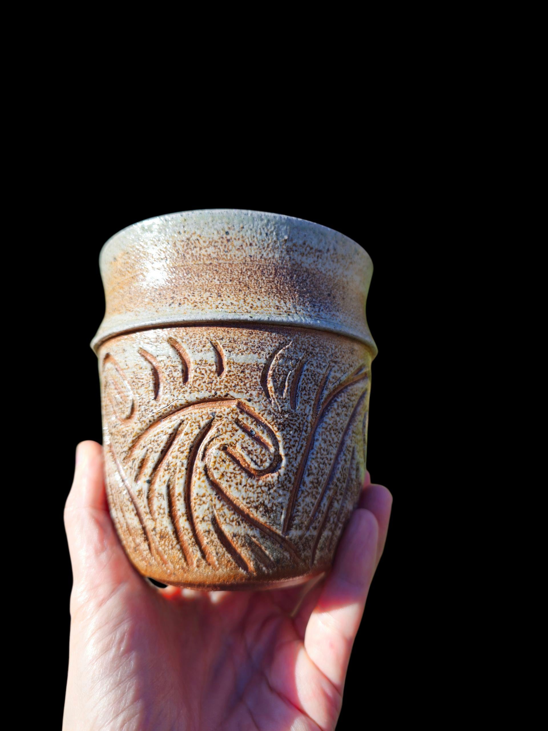 Soda-Fired Stoneware Vase • Hand-Carved Waves, Sculptural Ceramic Art