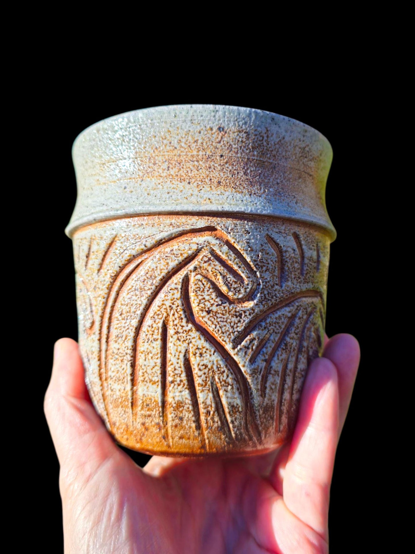 Soda-Fired Stoneware Vase • Hand-Carved Waves, Sculptural Ceramic Art