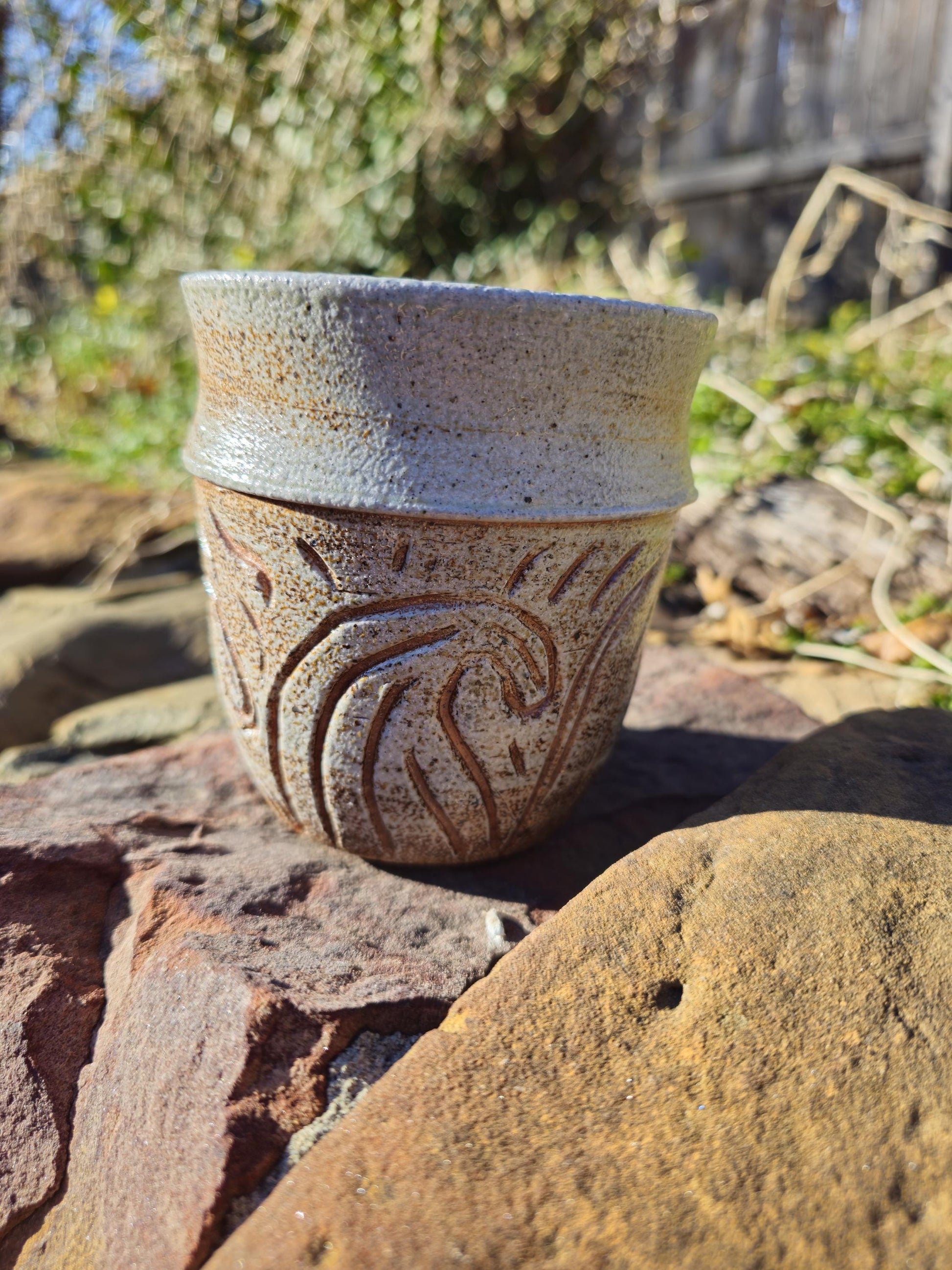 Soda-Fired Stoneware Vase • Hand-Carved Waves, Sculptural Ceramic Art