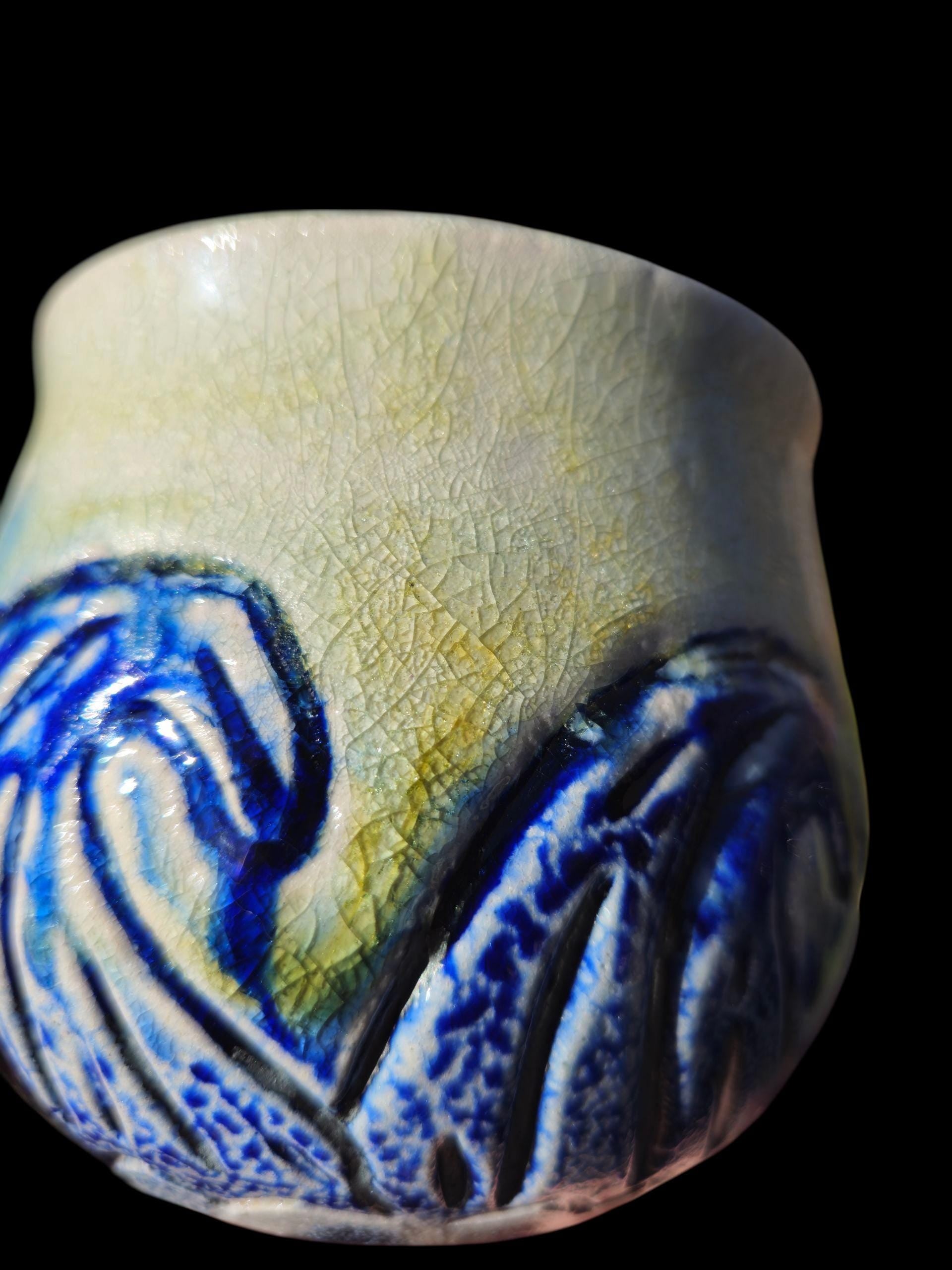 Soda Fired Waves Pot Carved Shino Stoneware Ceramic Art Cobalt Beach Sun Motif 4.5"