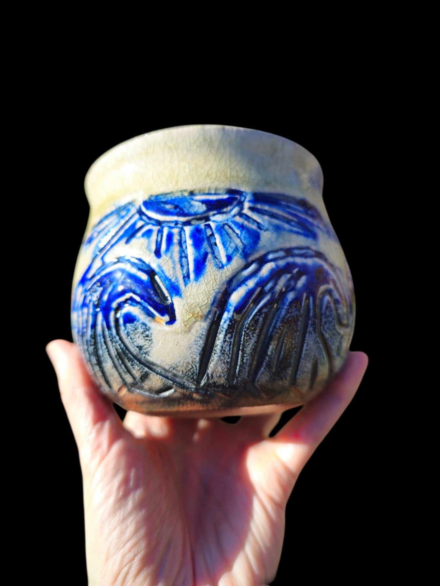 Soda Fired Waves Pot Carved Shino Stoneware Ceramic Art Cobalt Beach Sun Motif 4.5"