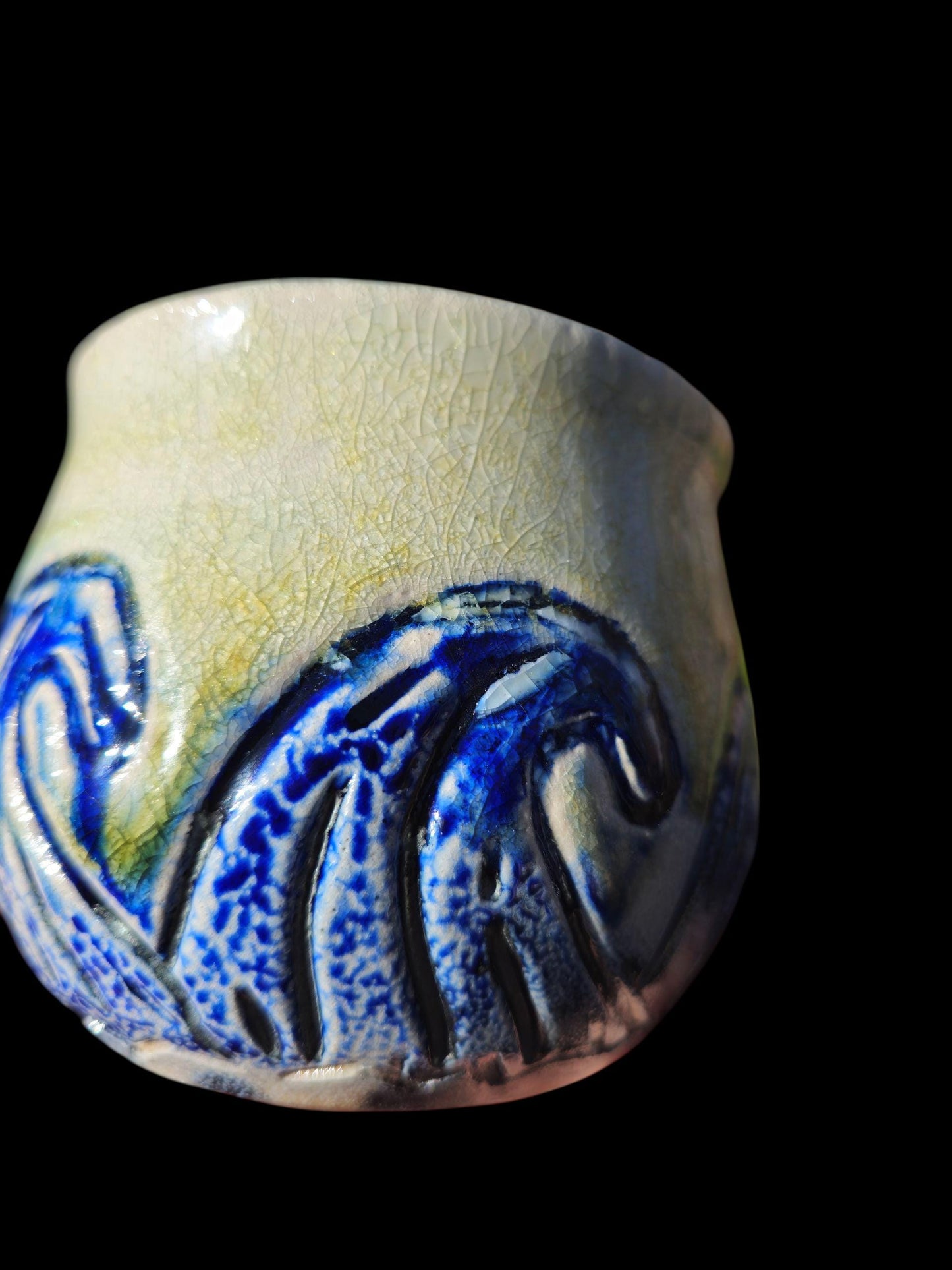 Soda Fired Waves Pot Carved Shino Stoneware Ceramic Art Cobalt Beach Sun Motif 4.5"
