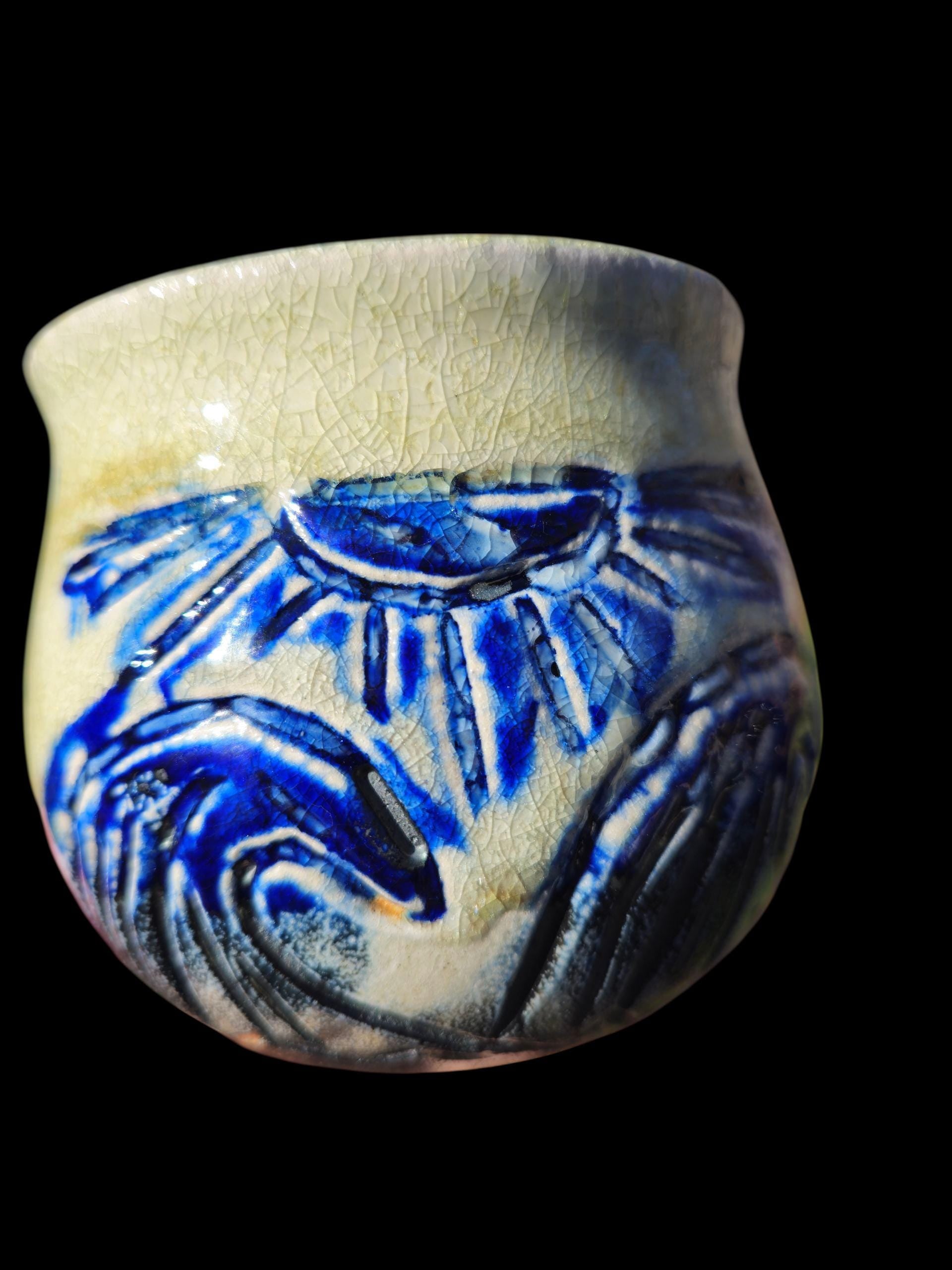 Soda Fired Waves Pot Carved Shino Stoneware Ceramic Art Cobalt Beach Sun Motif 4.5"