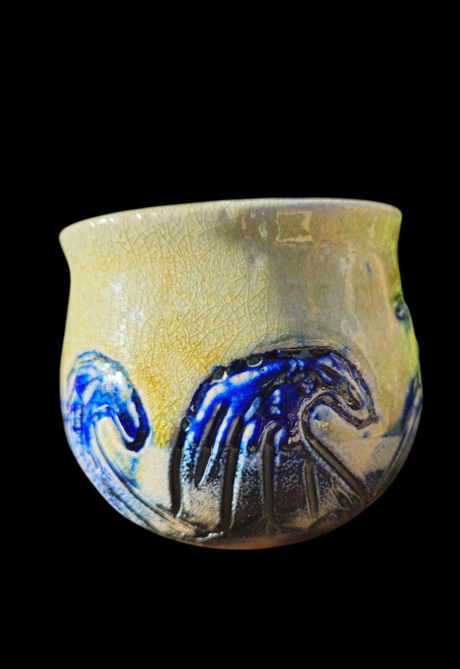 Soda Fired Waves Pot Carved Shino Stoneware Ceramic Art Cobalt Beach Sun Motif 4.5"