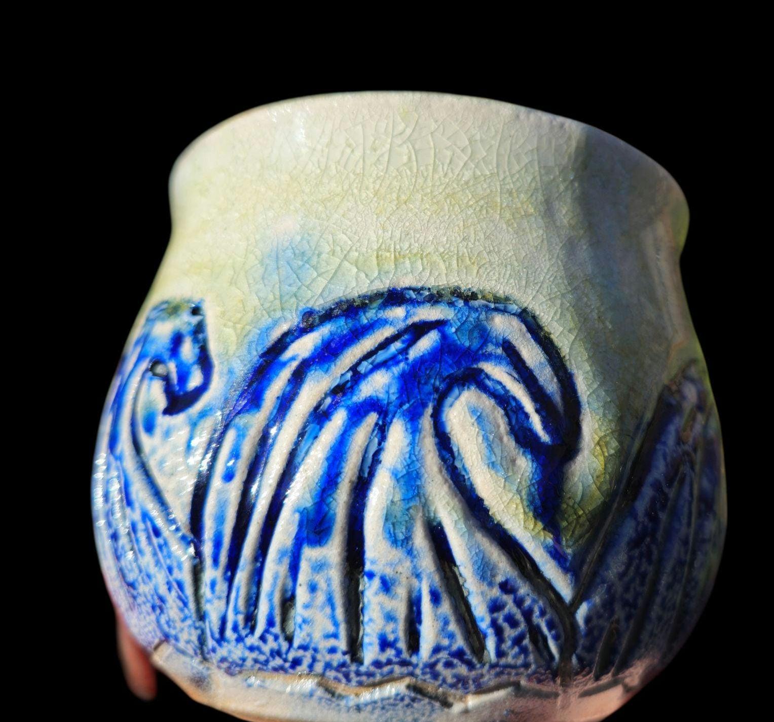 Soda Fired Waves Pot Carved Shino Stoneware Ceramic Art Cobalt Beach Sun Motif 4.5"