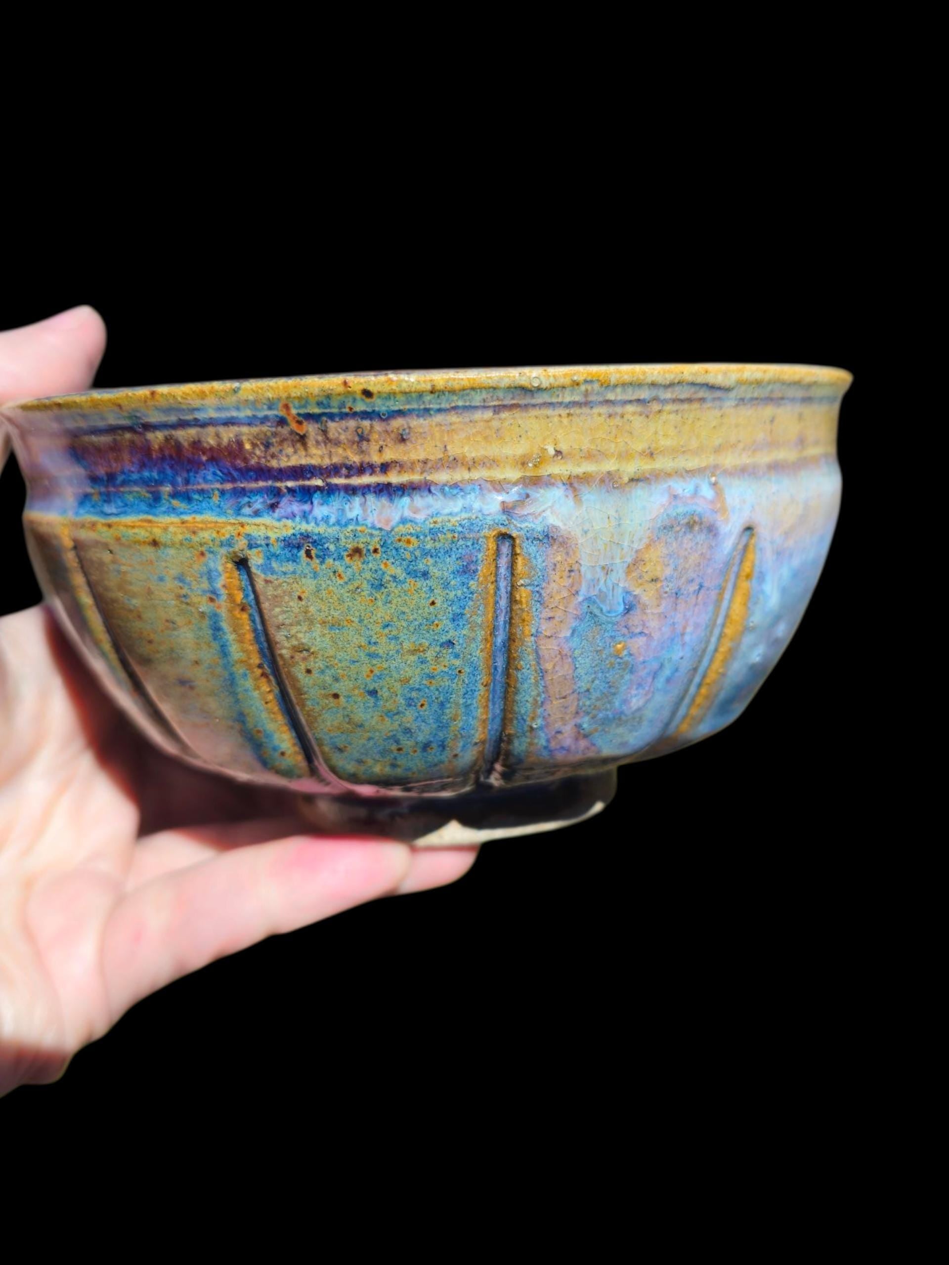 Handmade Footed Ceramic Bowl: Fluted Carved Stoneware, Gas Fired Rutile Glaze, Signed Art Pottery