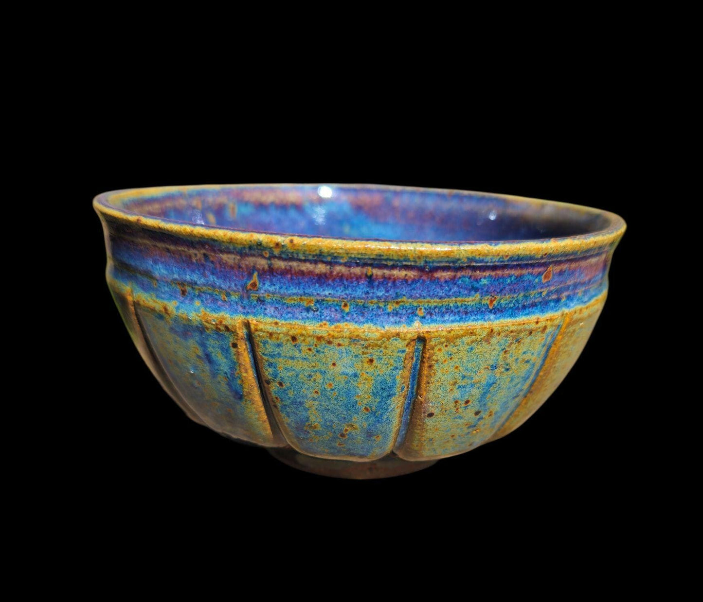 Handmade Footed Ceramic Bowl: Fluted Carved Stoneware, Gas Fired Rutile Glaze, Signed Art Pottery