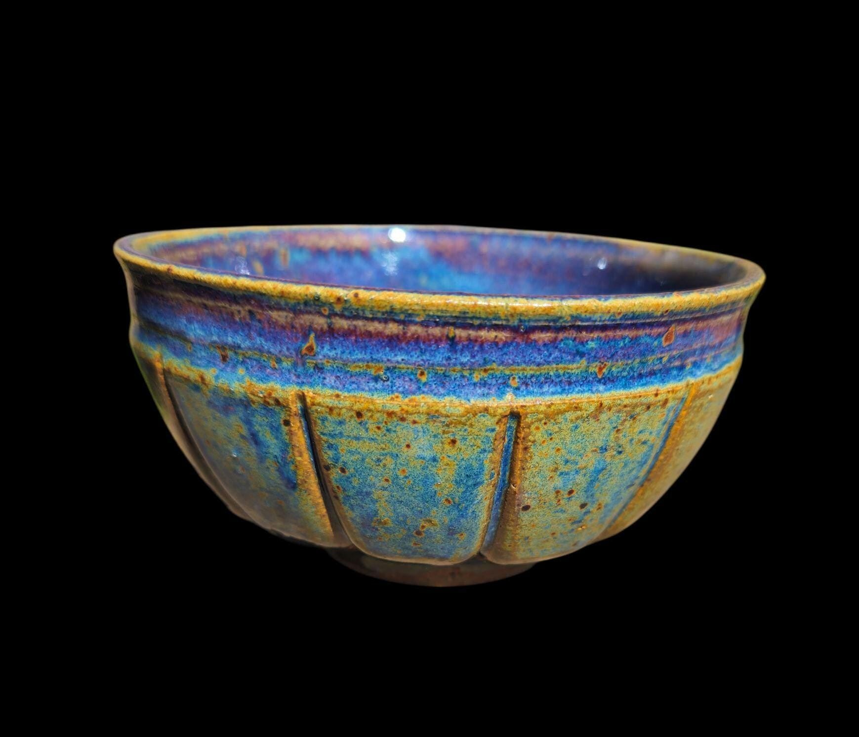 Handmade Footed Ceramic Bowl: Fluted Carved Stoneware, Gas Fired Rutile Glaze, Signed Art Pottery