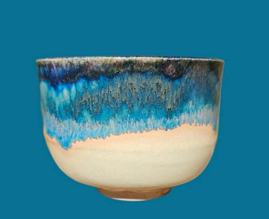 Handmade Small Stoneware Chawan Tea Bowl Sipper Footed Ceramic Art Drippy Blue