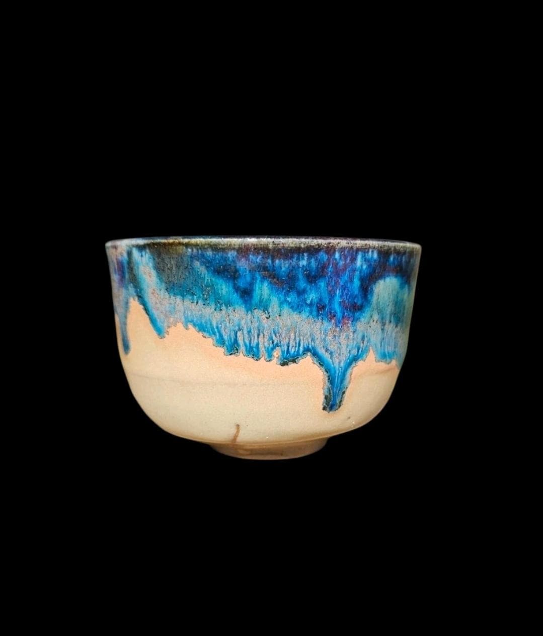 Handmade Small Stoneware Chawan Tea Bowl Sipper Footed Ceramic Art Drippy Blue