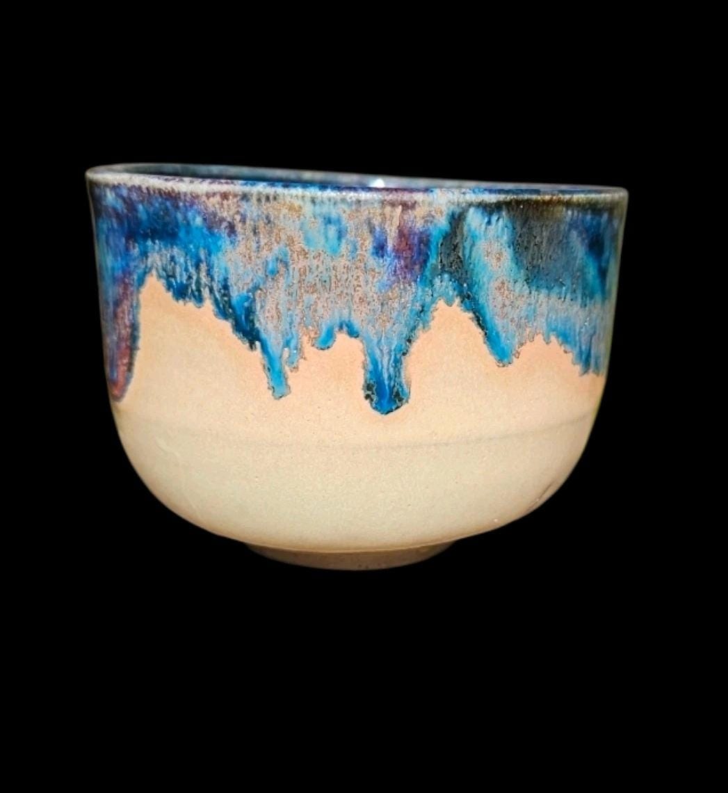 Handmade Small Stoneware Chawan Tea Bowl Sipper Footed Ceramic Art Drippy Blue