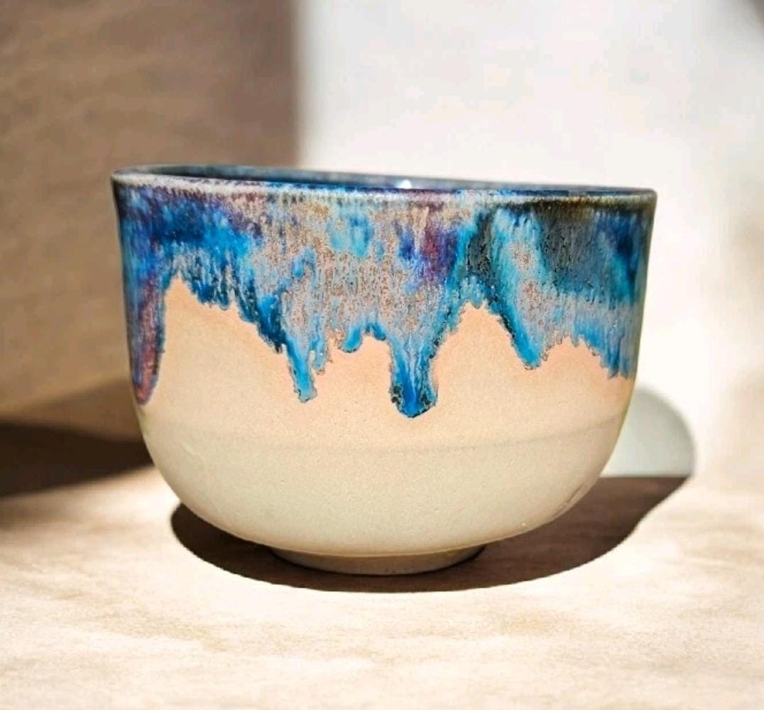 Handmade Small Stoneware Chawan Tea Bowl Sipper Footed Ceramic Art Drippy Blue