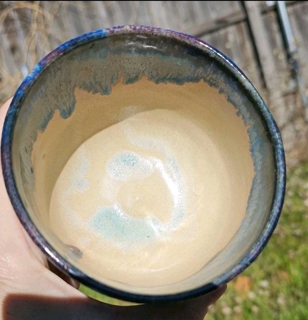 Handmade Small Stoneware Chawan Tea Bowl Sipper Footed Ceramic Art Drippy Blue