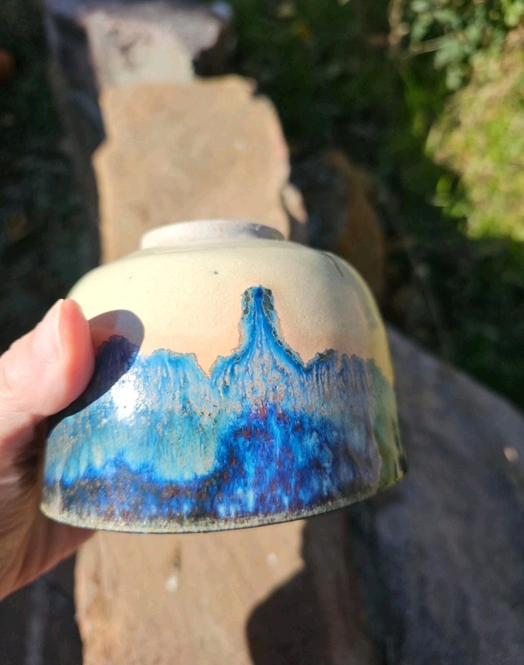 Handmade Small Stoneware Chawan Tea Bowl Sipper Footed Ceramic Art Drippy Blue
