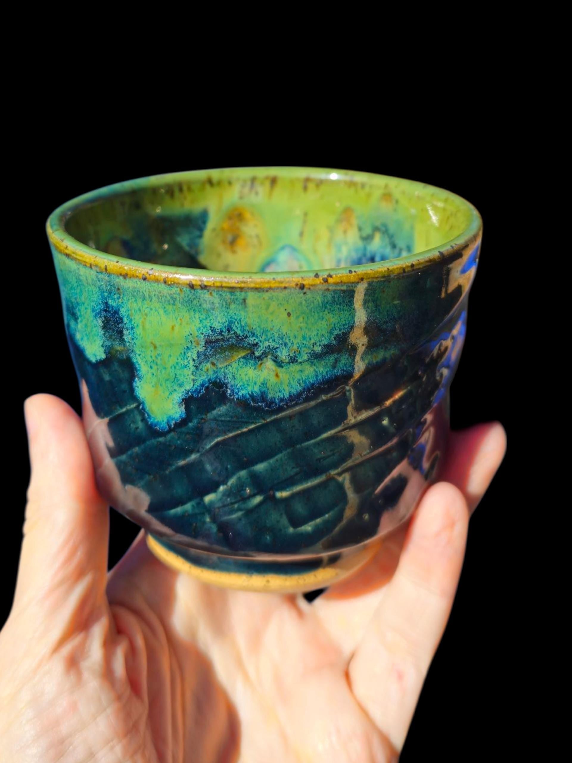 Jungle Green Glazed Ceramic yunomi footed Cup: Handmade Pottery, stoneware 10 ounces